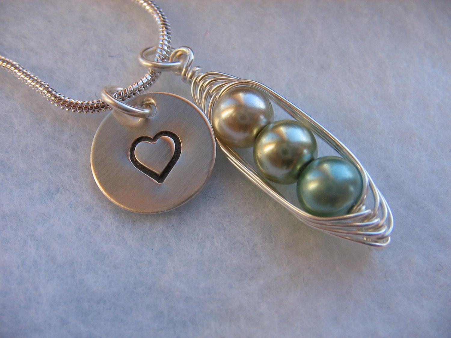 Mothers Pea Pod necklace with Heart disc  (24 colors) 2,3,4,or 5 peas - Love My Peas