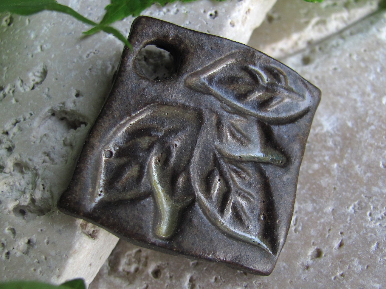 Woodland Leaves in Ancient Iron - Handmade Ceramic Pendant