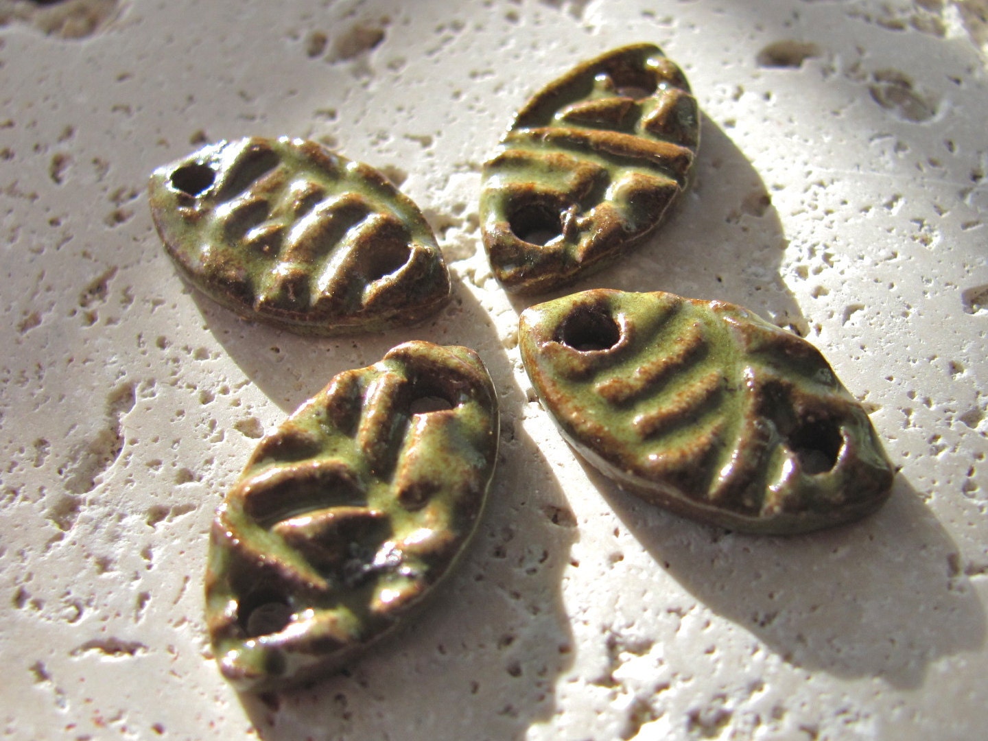 Avocado Green Canoe Connector Beads - Handmade Ceramic Beads