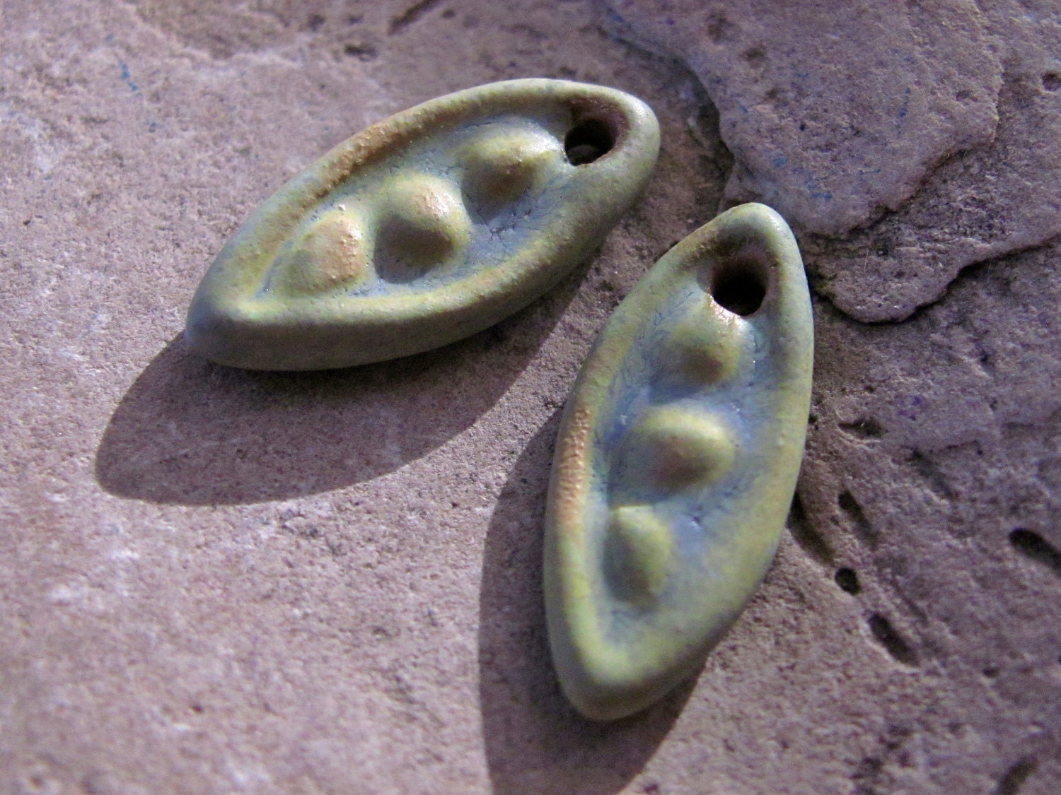 Pea Pod Charms in Yucatan Green - Handmade Ceramic Beads