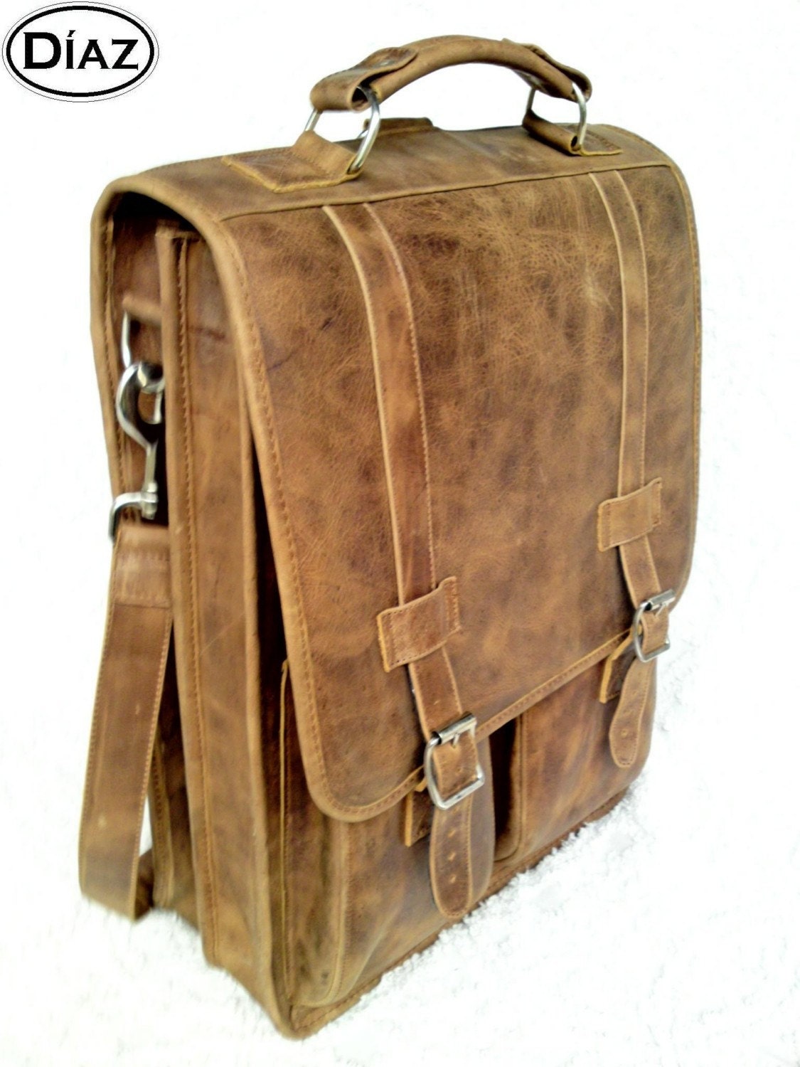 DIAZ Large Geunine Leather Messenger Satchel / Backpack Laptop Bag in Texas Light Brown - (17in MacBook Pro) - 2C2B - Free Shipping -
