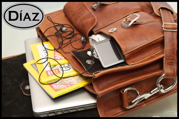 DIAZ Large Geunine Leather Briefcase / Backpack Messenger Bag Satchel in Crazy Horse Tanned Brown - (17in MacBook Pro) - Free Shipping -