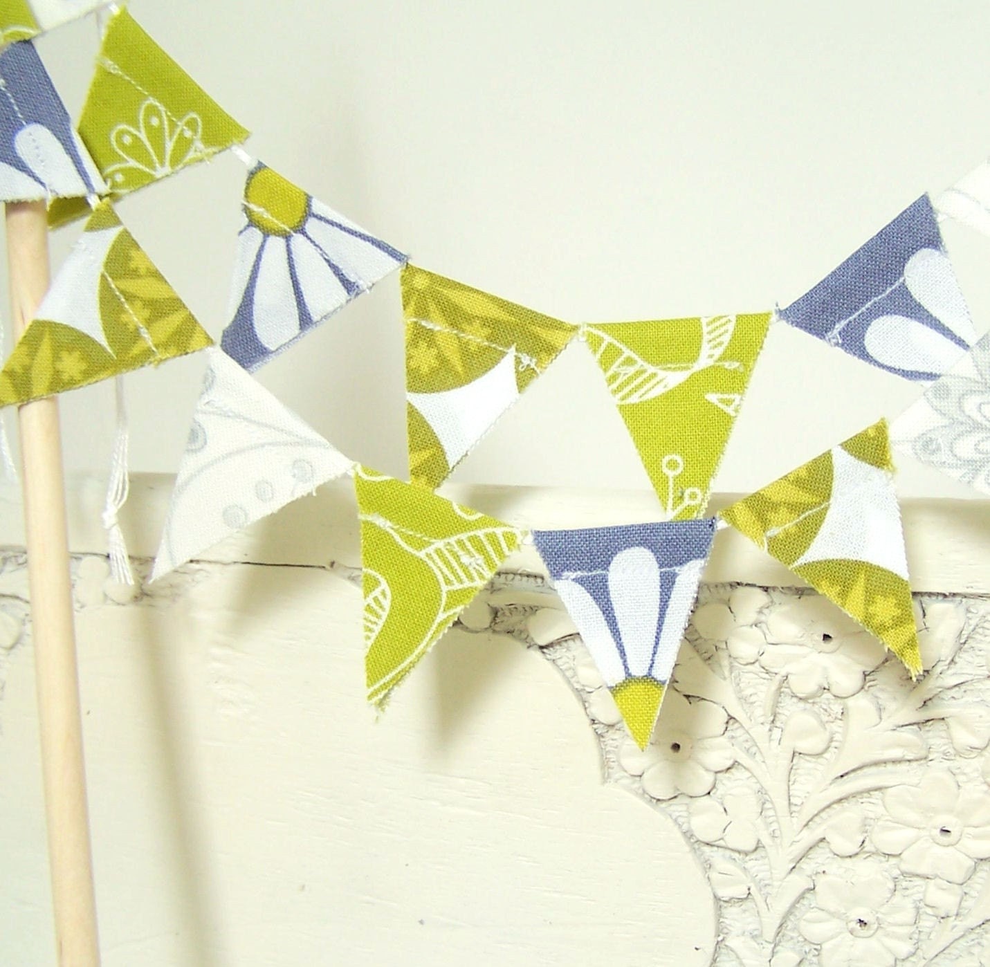 Mini Party, Wedding Cake Bunting, Banner, Flags, Modern Flowers in Chartreuse, Moss Green and Grey, Spring Wedding