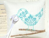 Love Bird Ring Bearer Pillow, Modern Aqua Blue Damask, White, Burlap Branch, Spring Wedding