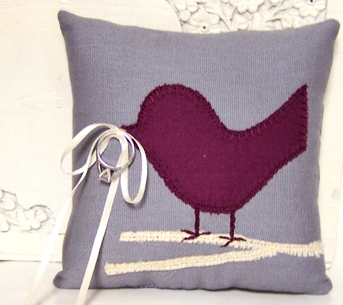 Wedding Ring Bearer Pillow, Love Bird, Natural Cream Colored Burlap Branch, Sangria Dark Purple, Light Charcoal Grey, Spring Wedding