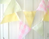 9 Feet Party Banner, 21 Flag Bunting in Gingham, Pink, Yellow and Light Green, Birthday Party, Baby Shower, Baby Nursery Decor