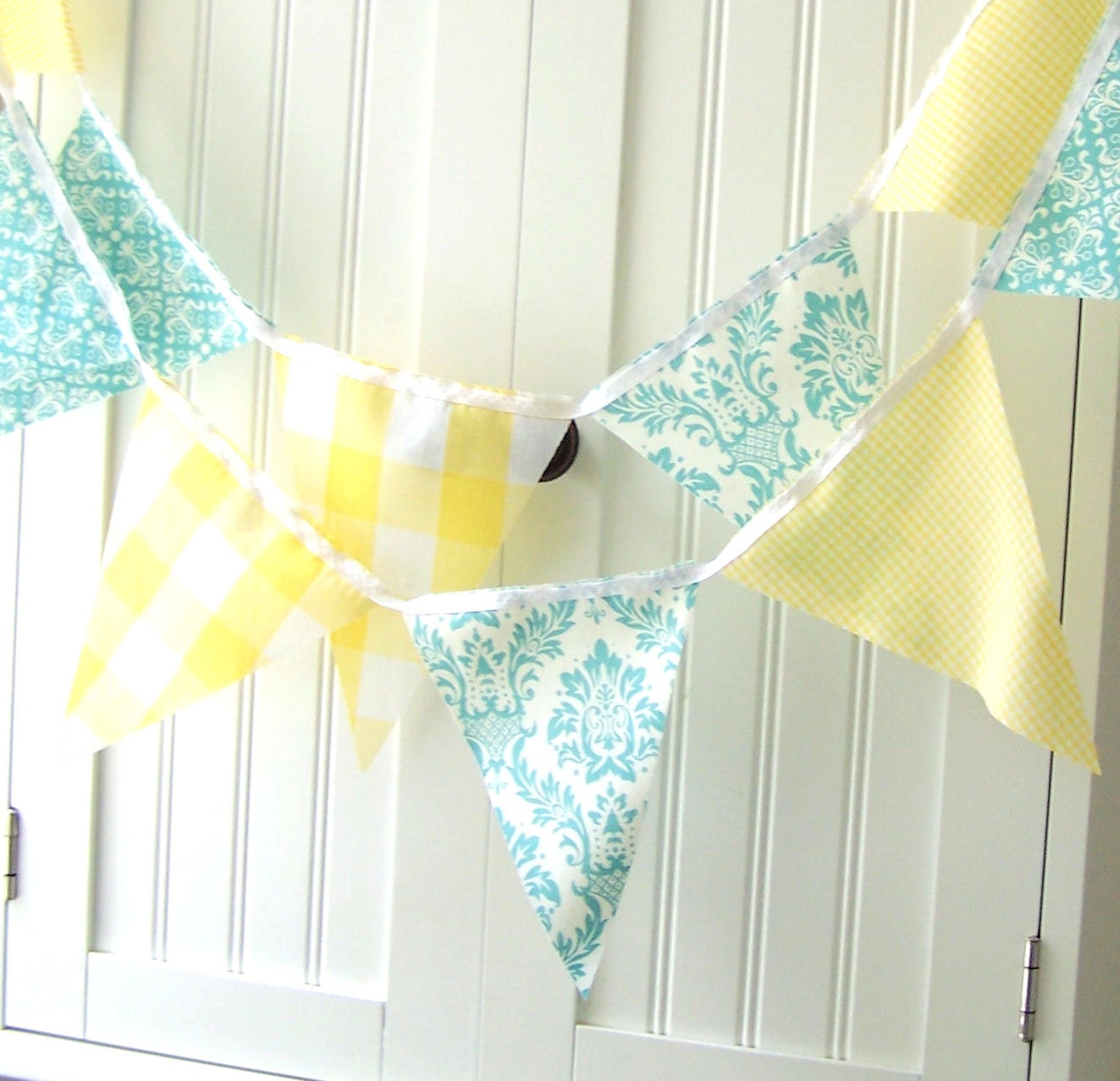 9 Feet of Banner, Bunting Flags in Aqua Blue Damask and Vintage Sunshine Yellow Gingham, Wedding Decor, Baby Nursery Decor