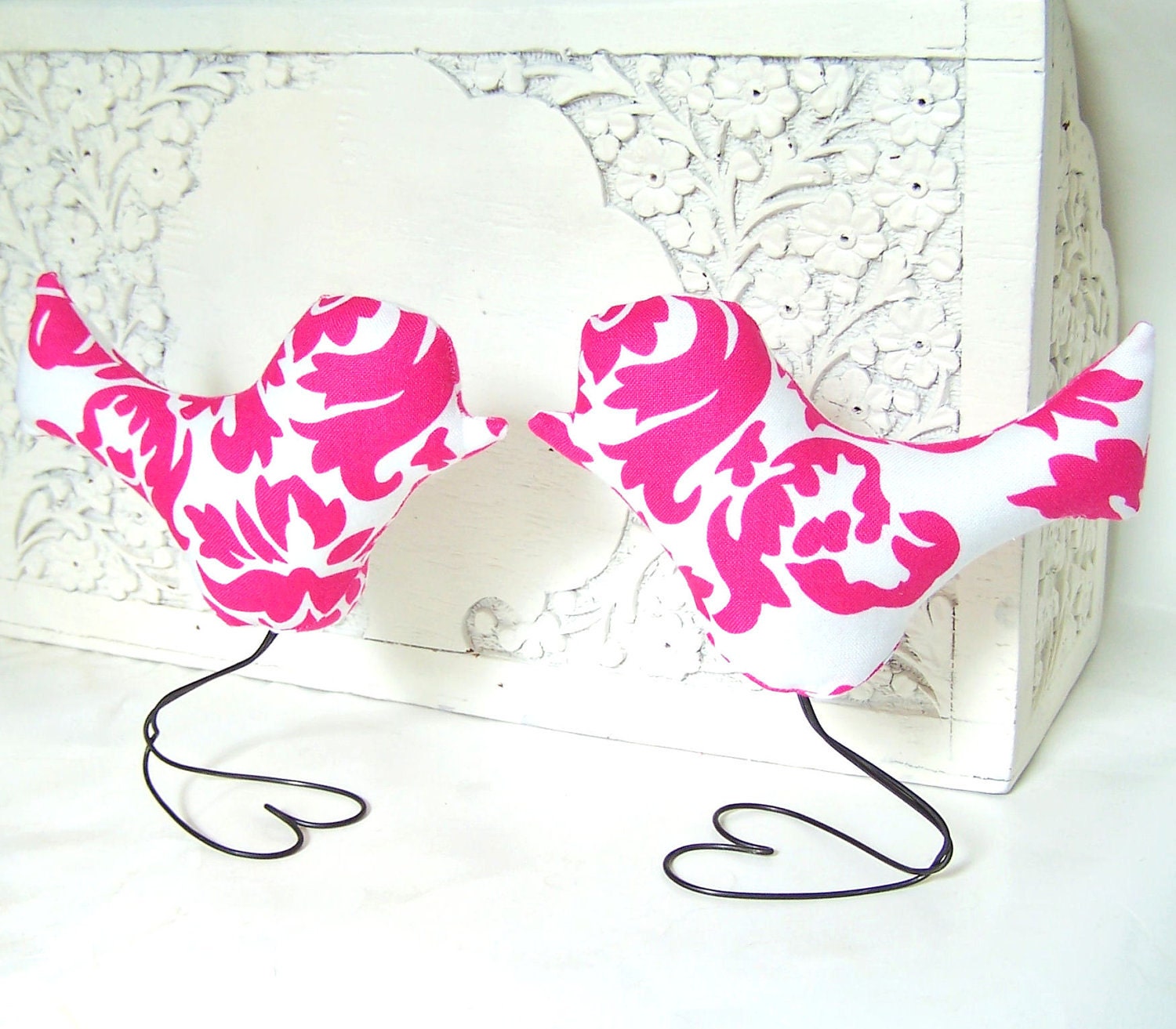 Wedding Cake Toppers Love Birds, Hot Pink and White Damask, Home Decor, Bridal Shower Decor, Baby Nursery Decor