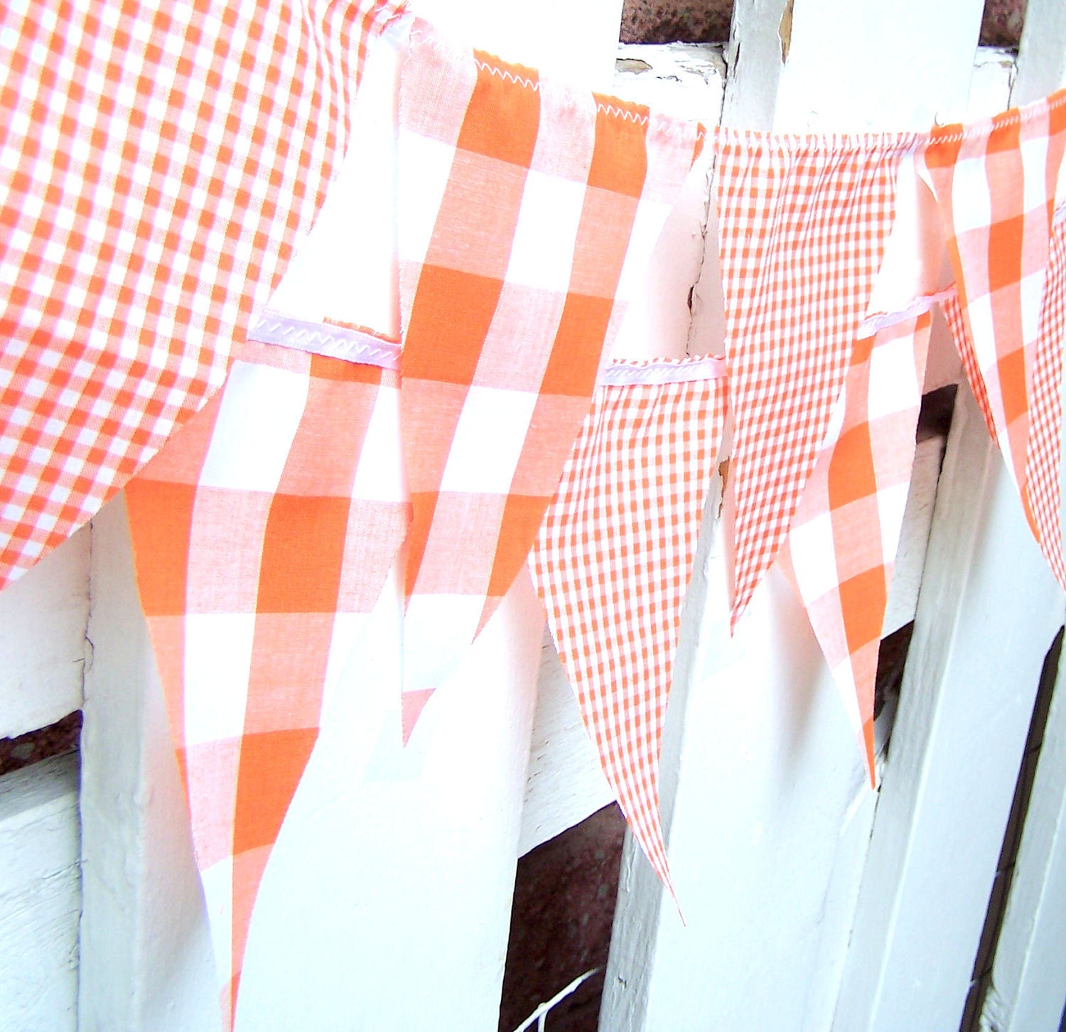 21 Fabric Flag Banner, 9 Feet Vintage Style Gingham Orange Party, Bunting Pennant, Autumn Wedding, Birthday Party, Photo Prop