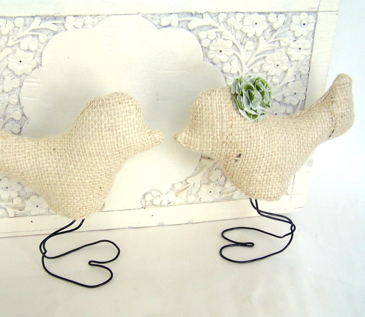 Custom Cream Burlap Love Birds Wedding Cake Toppers with Your Choice of Fabric for Flower, Spring Wedding, Wedding Gift, Personalize