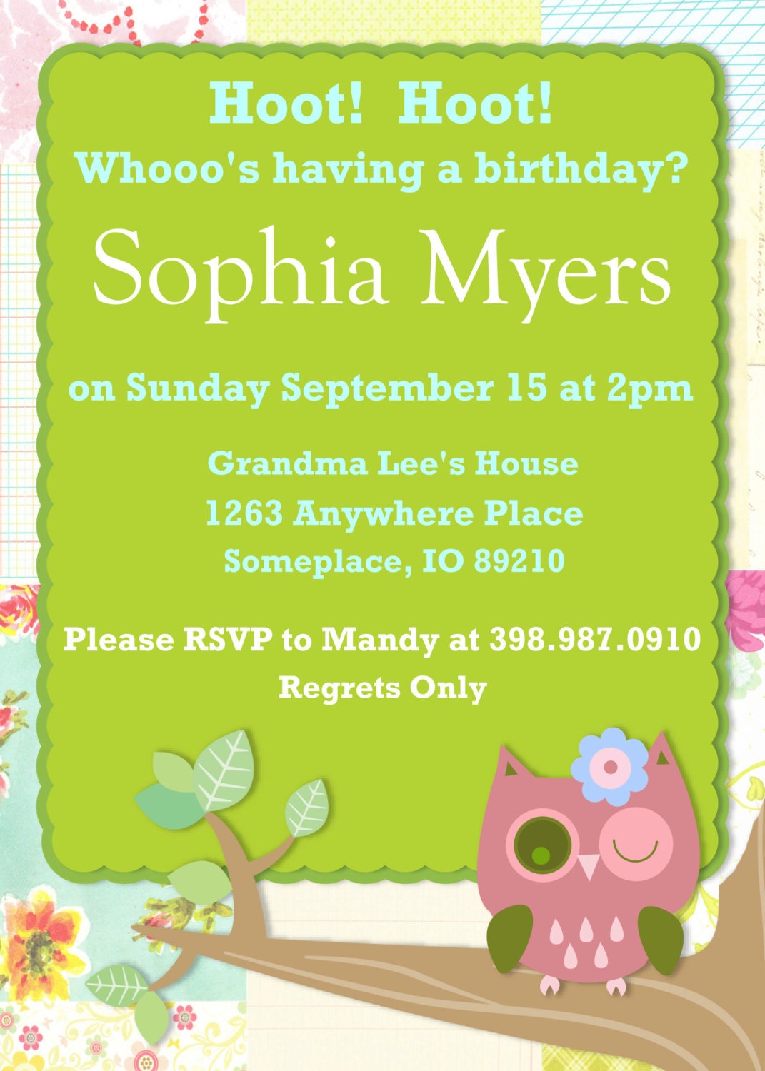 FREE FREIGHT Shabby Chic Owl Birthday Invitations Printed With Envelopes-15 Il_570xn