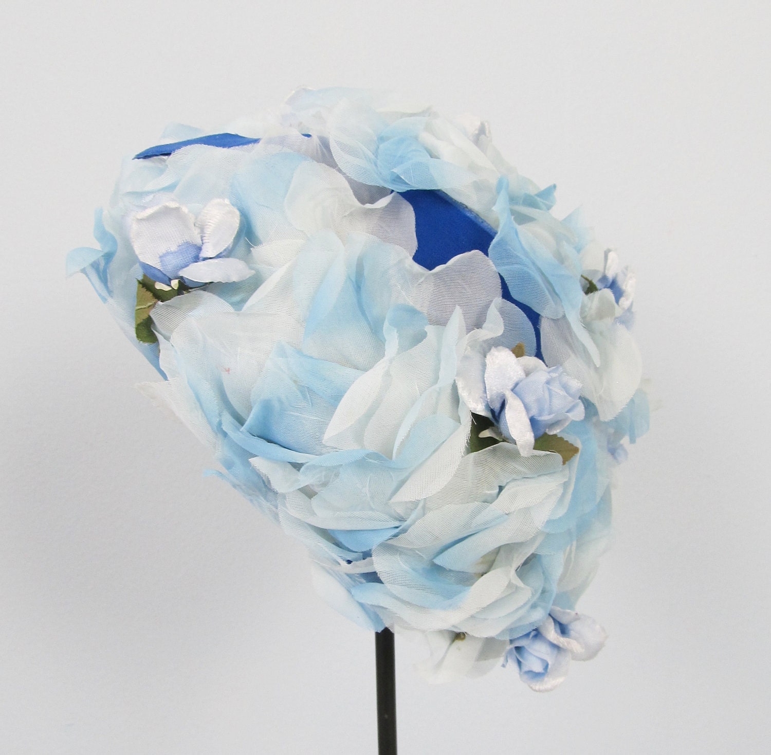 RESERVED Vintage 1950's Blue Silky Floral Pillbox Hat