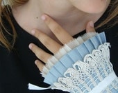 Statement Cuff Accessory Dusk Blue Ruffles Cuff OOAK Neo-Romantic Cotton Cuff With Ruffles and Vintage Crochet Lace