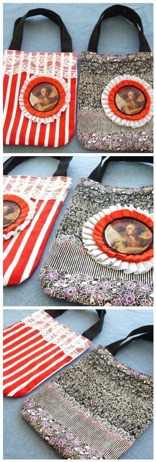 At The Circus Mini Cotton Tote Purse Bag Fully Reversible   Bold Red and White Stripes and Vintage broad lace trim- by OnePerfectDay