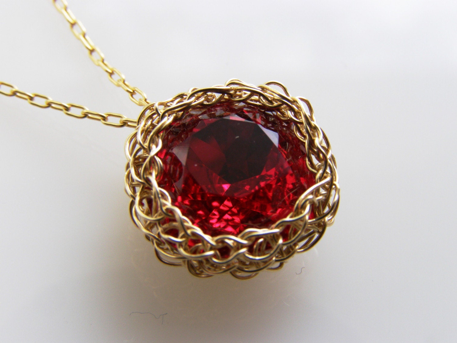 Swarovsky Pendant, Crochet Necklace,  Gold filled Wire, Red Pendant, Swarovski Crystal