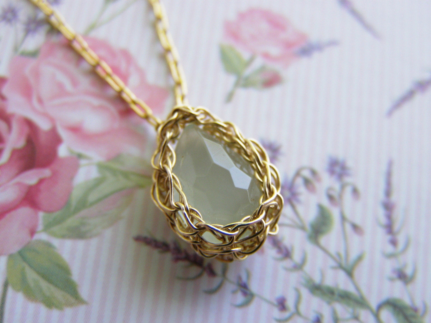 Crochet Pendant, Goldfilled Wire Small Tear Drop Synthetic Quartz  Aqua Pendant