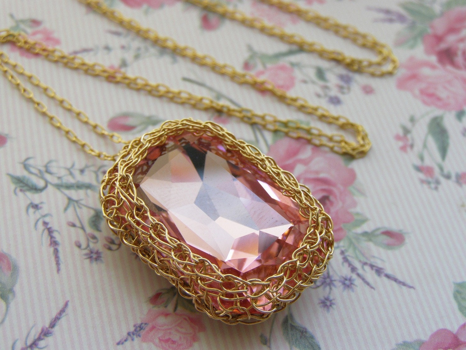 Swarovsky Necklace,  Crochet Gold filled Swarovsky Pendant , Light Pink