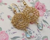 Small Crochet Circle Earring with Blue Topaz  Tear Drop