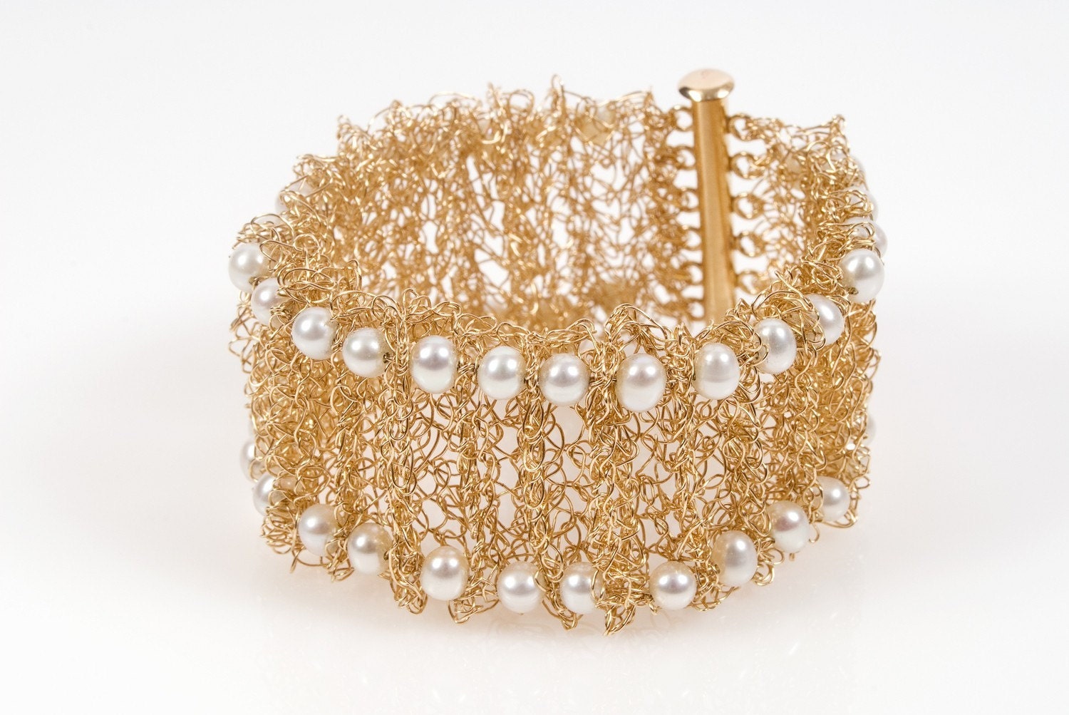 Bridal Statement Bracelet, Crochet Gold Filled Bracelet, Fresh Water Pearls Bracelet, Wediing Bracelet