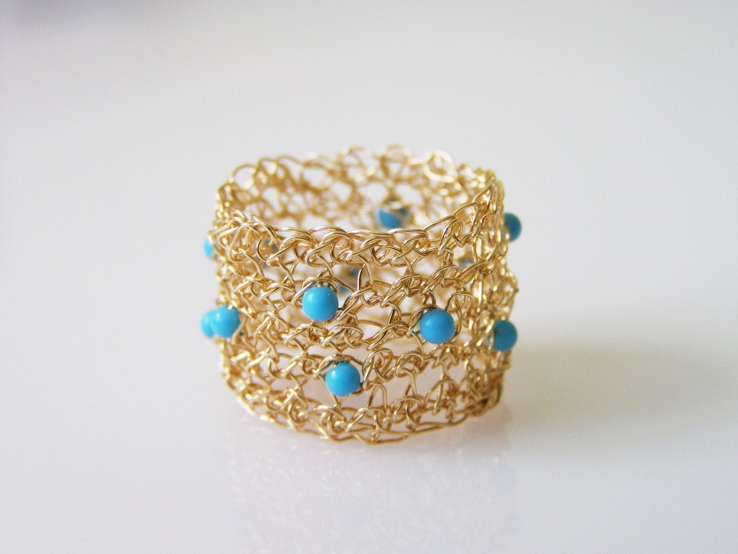 Crochet Ring, Turquoise Ring,  Crochet Goldfilled Wire, Bridesmaid Jewelry