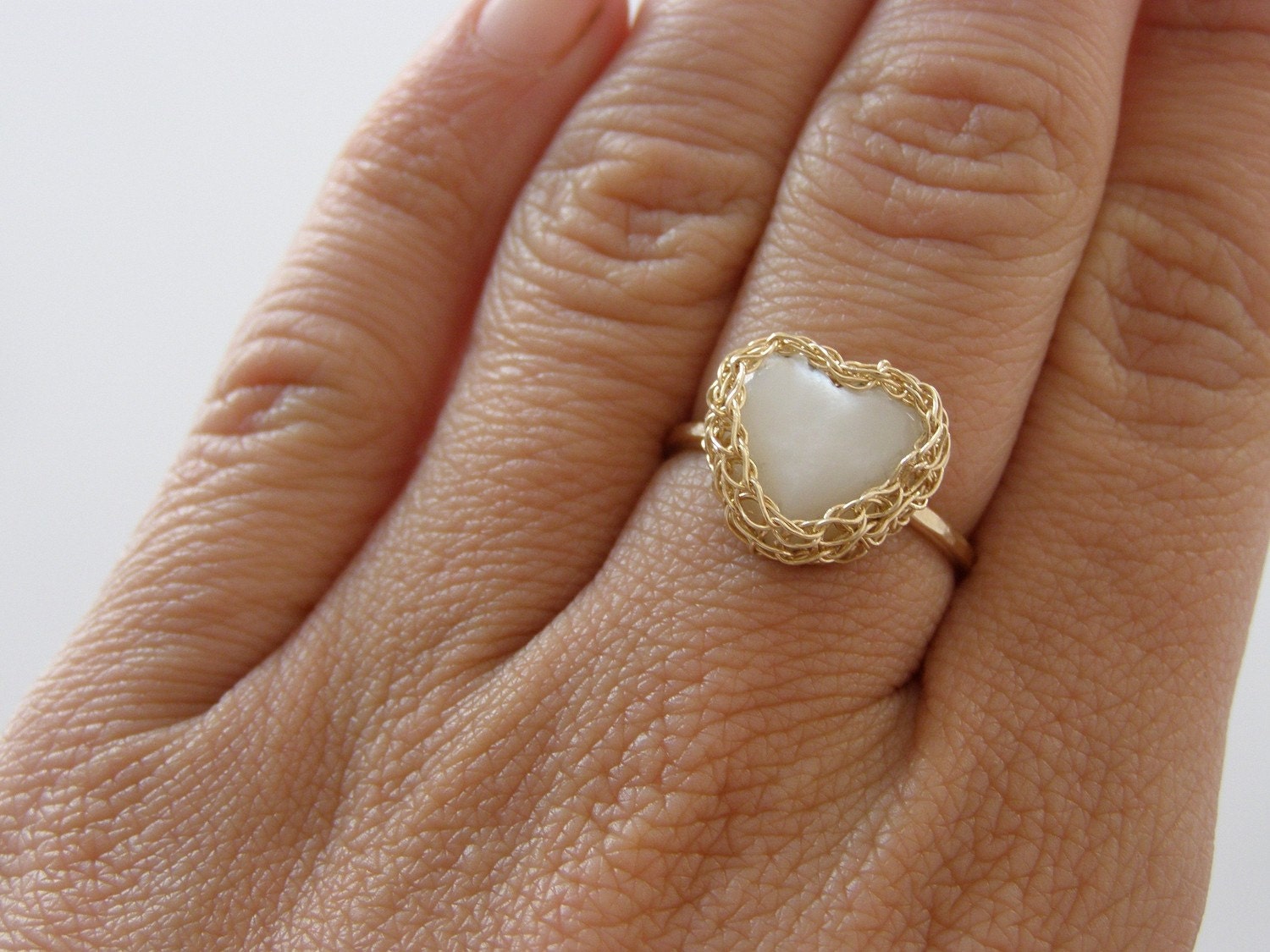 Valentines Day Ring, Mother of Pearl Ring, Crochet Ring,  Heart  Ring, Bridesmaid Ring