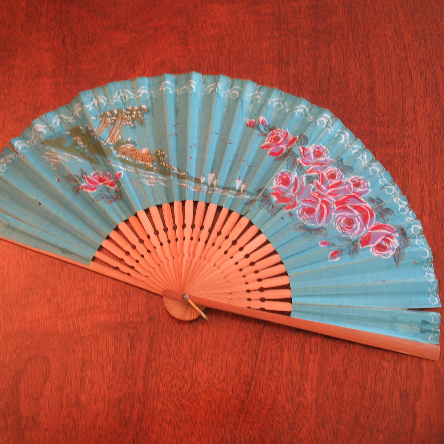 Vintage Paper Ladies Fan - Japanese Floral Design Ladies Hand Held Fan