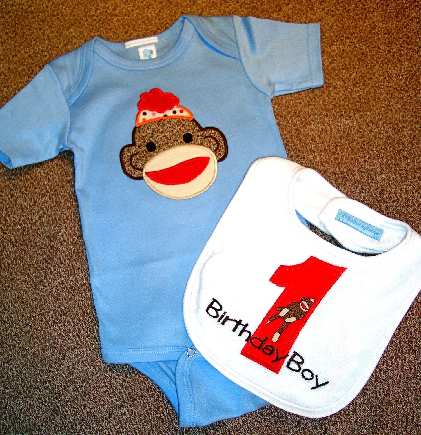 Sock Monkey Birthday Set with Onesie and Bib