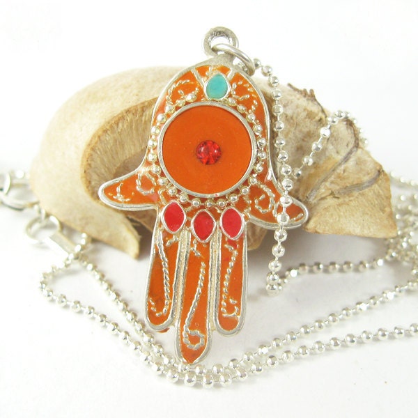 Hamsa pendant, sterling silver Necklace,Orange Tangerine Hamsa, silver hamsa, judaica jewelry filigree hamsa