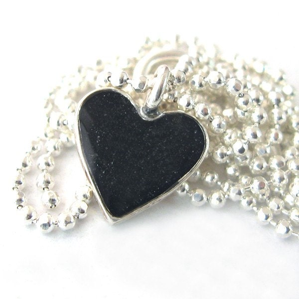 Silver heart necklace, black pendant heart, Valentine Silver Necklace and resin - Black Heart