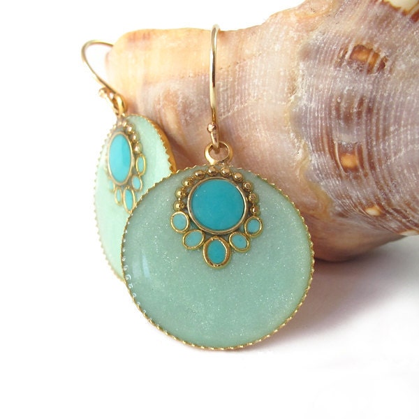 Round dangle Earrings -- Light green, mint and turquoise color resin, round, gold earrings, 14k gold filled, light blue