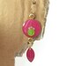 Gold Long Dangle Earrings, Fuchsia and apple green color, circle and Marquise, boho style, 14K gold filled earrings, resin