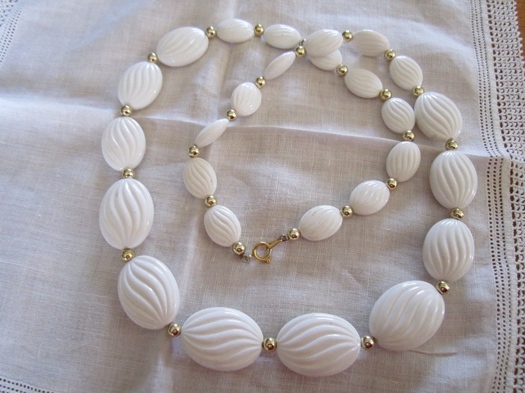 Vintage White Plastic Beaded Necklace with Gold Tone Metal Beads