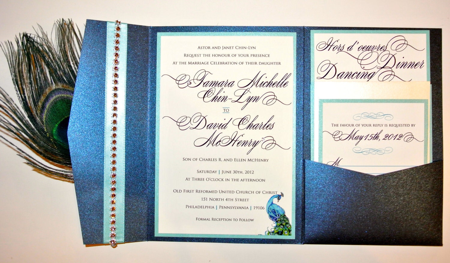 Rhinestone Band Peacock Feather Pocketfold Wedding Invitation