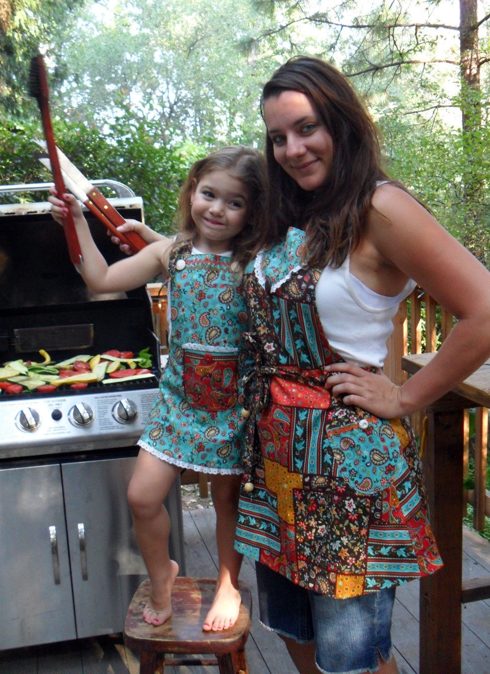 Reserved for Jess Mother and Two Daughter Aprons REVERSIBLE