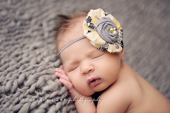 Reese- grey and yellow Delia style flower and rosette headband