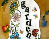 Garden Sign - HandMade Ceramic Tile Flower Gardening Decoration - Colorful Stamped Rustic Eco Pottery Floral Plaque - Gardener Gift