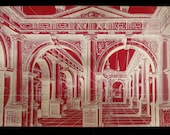 Burgundy Architectural Perspective Decoupage Under Glass Plate