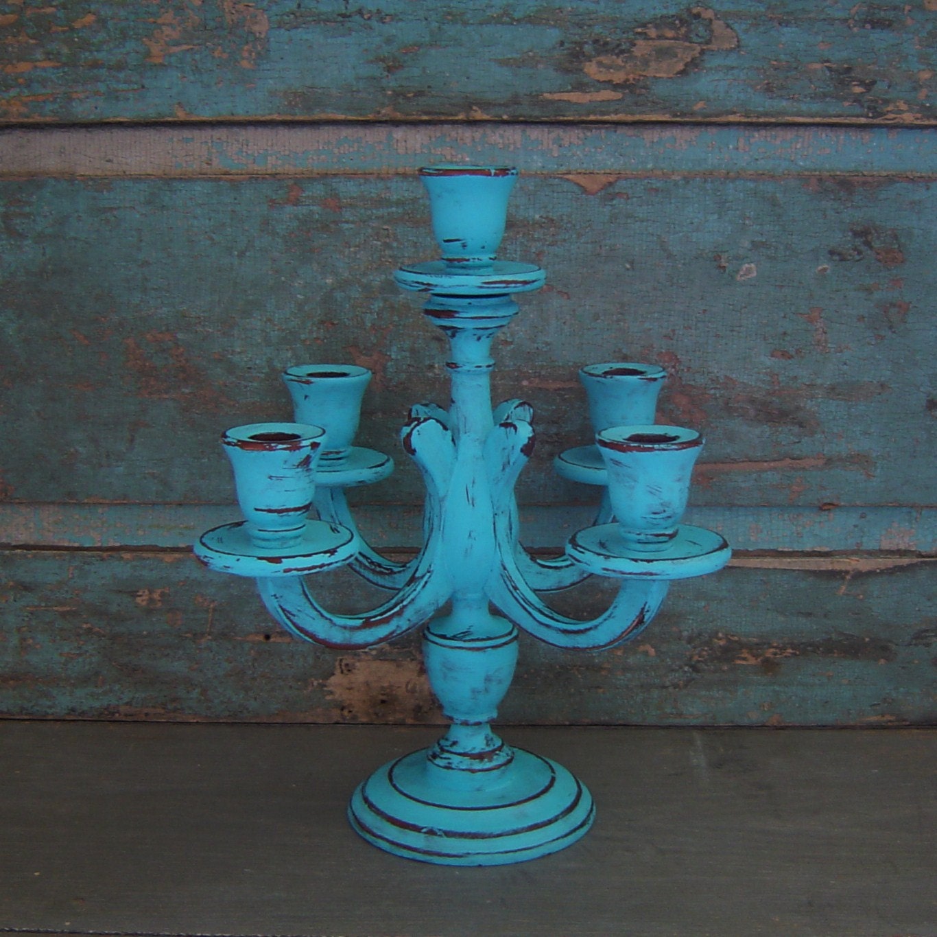 Candelabra Candle Holder Turquoise Distressed Wood