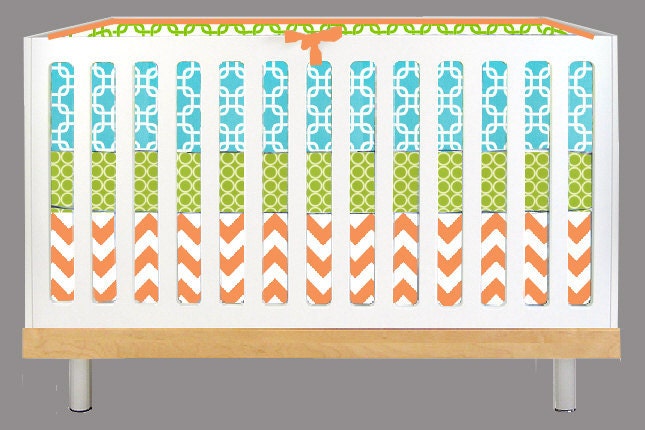 Modern Baby Aqua, Lime, and Orange Lines (Modern Custom Crib Set)