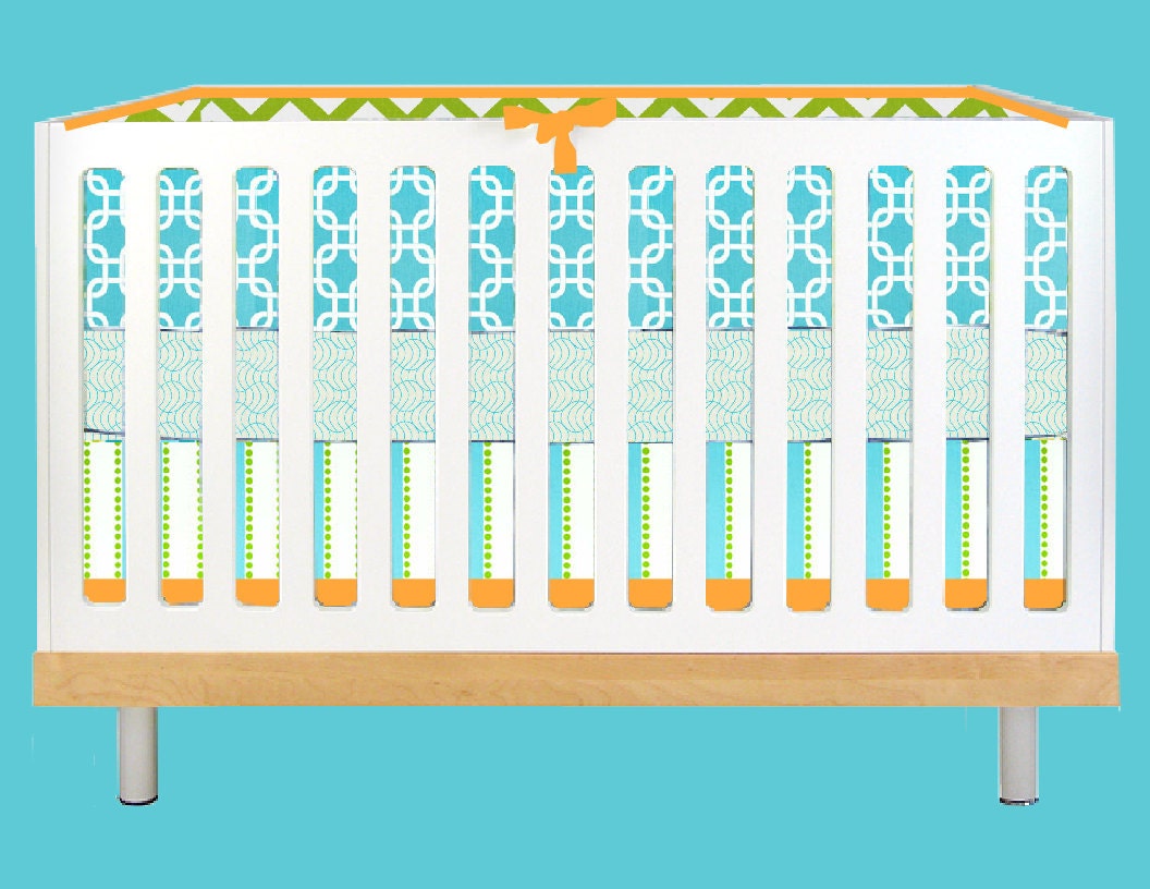 Modern Baby Aqua, Lime, and Orange Lines (Modern Custom Crib Set)