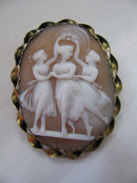 Victorian Cameo Brooch - Three Graces, Carved Shell