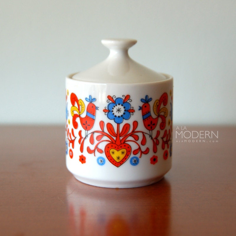Colorful Bird Floral Covered Sugar Jar Japan Vintage