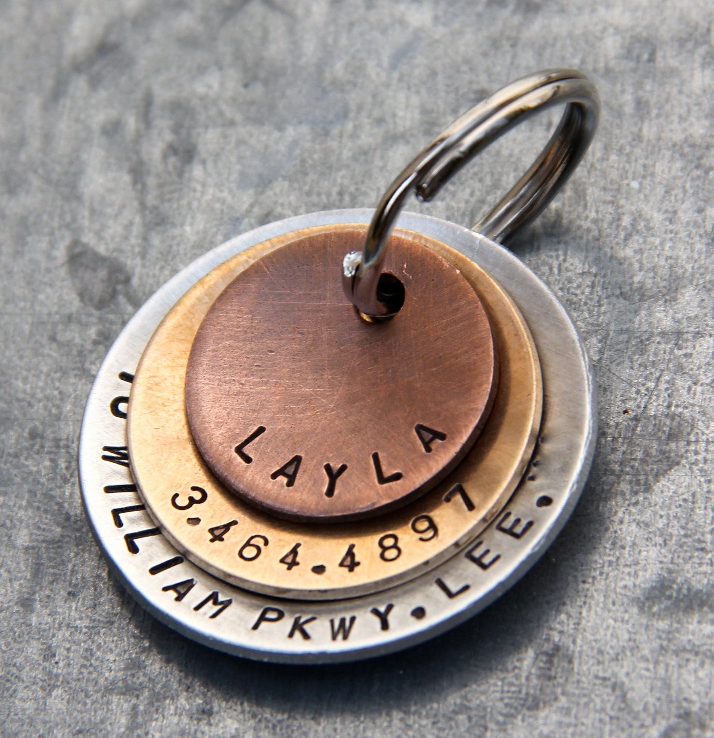 Custom Pet ID Tag - Layla - in Layered Mixed Metal (Copper, Bronze, Aluminum)