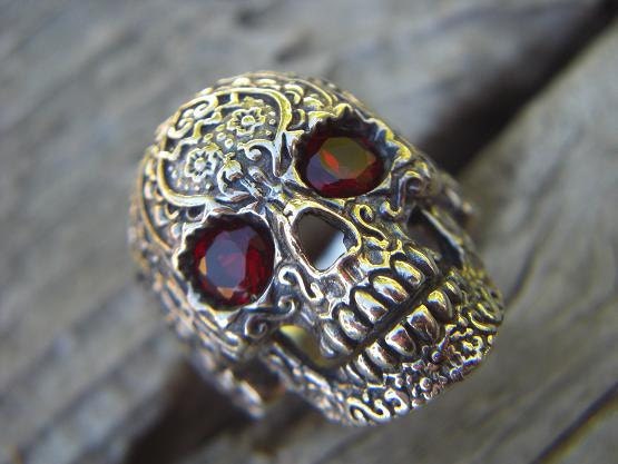 Sale....Sugar skull ring in sterling silver with blood red cz's for eyes