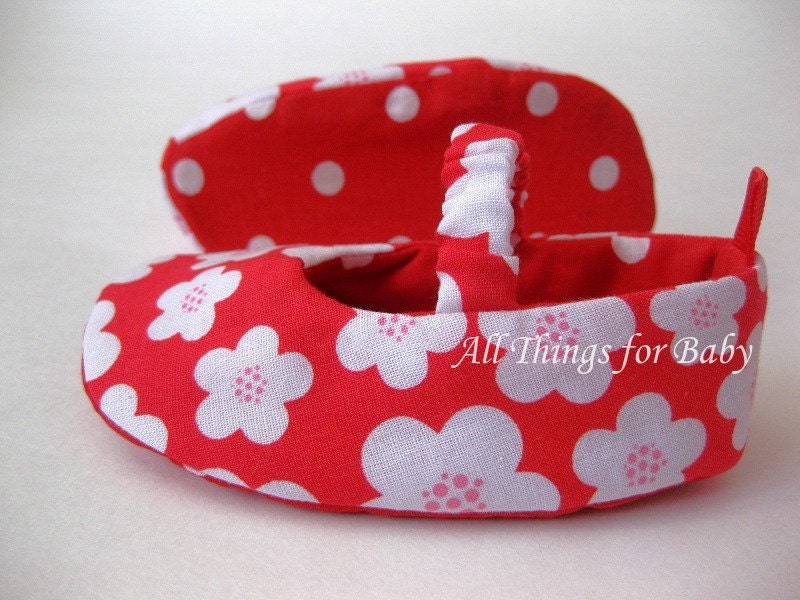 SALE 50% OFF Baby girl shoes red floral mary jane ballet flats- Really Red