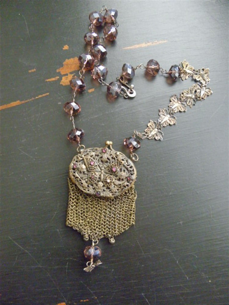 FLUTTER BY BUTTERFLY - Necklace with Faceted Quartz, Filigree Butterflies, and Victorian Purse with Butterfly from France