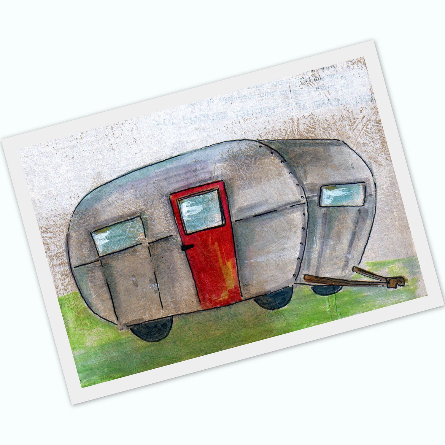 Silver bullet Trailer - multimedia acrylic painting print- summer travel - 4x6 print mounted on cardstock