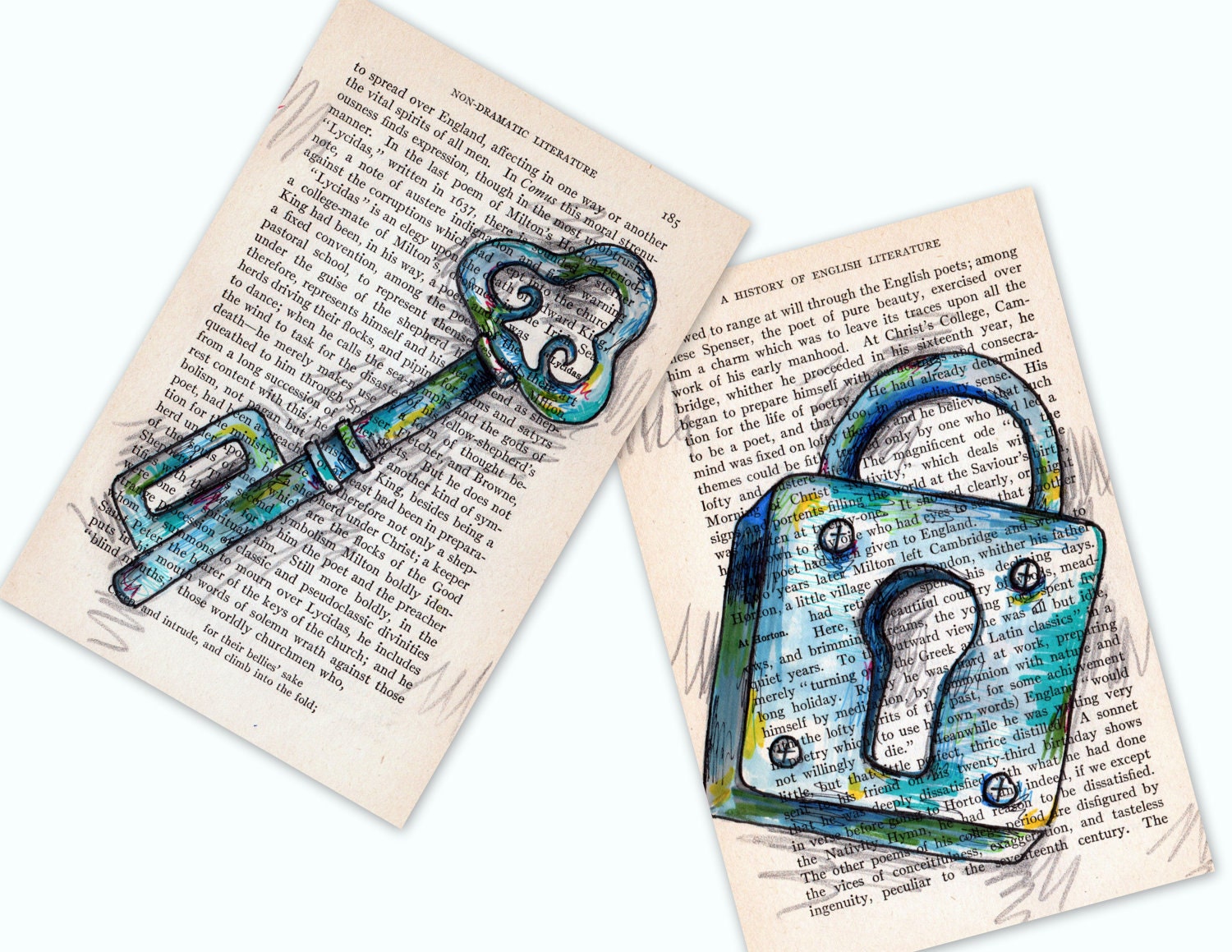 Skeleton key - Lock and Key Pen and Ink and Pencil (2) drawings on YOUR CHOICE of vintage paper