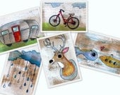 ON SALE whale, submarine, deer, rain, bike, trailer - set of 5 4x6 art prints ready to frame