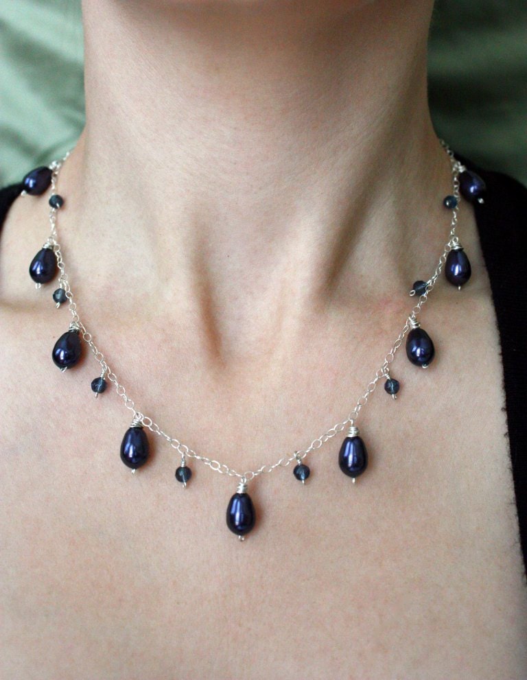 Twilight Pearls- Sterling silver necklace with Swarovski pearls and crystals